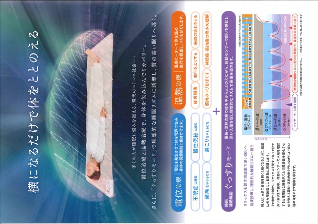 電位治療　温熱治療　不眠症　肩こり　頭痛　慢性便秘　疲労回復　筋肉疲れ解消　血行　神経痛　筋肉痛　痛みの緩解